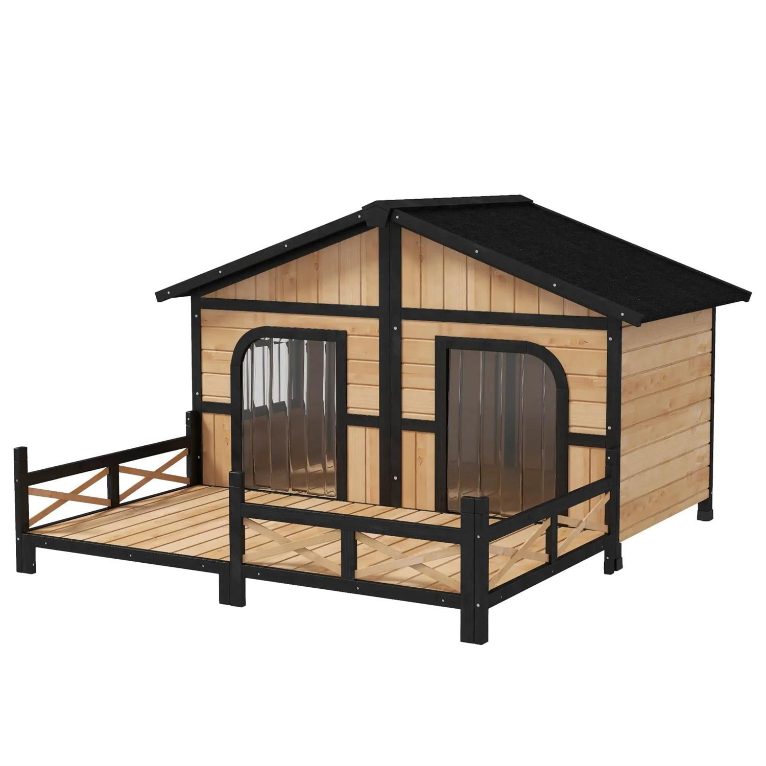 Pefilos 59" Outdoor Dog House with Porch, Double Room, Openable Roof, Removable Bottom, Wooden Dog House with Elevated Floor for Small to Medium Dogs, Beige
