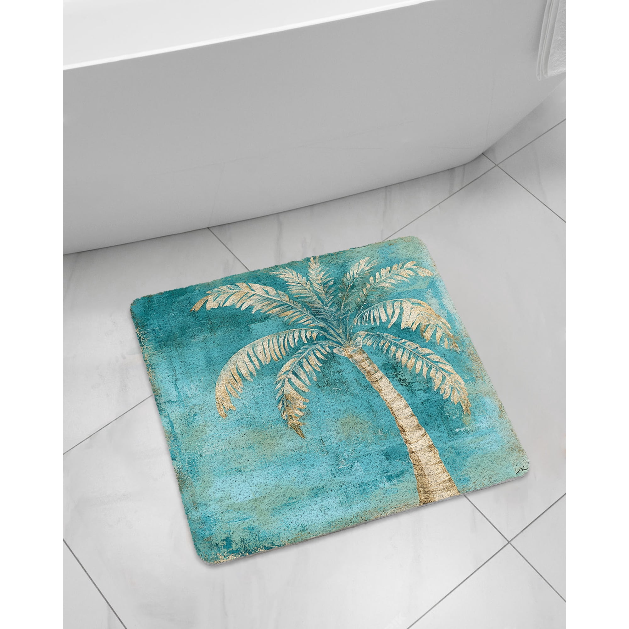 Retro Coconut Tree Non-Slip Bathtub Mat, Tropical Plant Hand-painted Oil Painting PVC Bath Mat for Tub Quick Drying Shower Mats for Inside Shower, Foot Scrubber Loofah Bathroom Mats 24x24 Inches