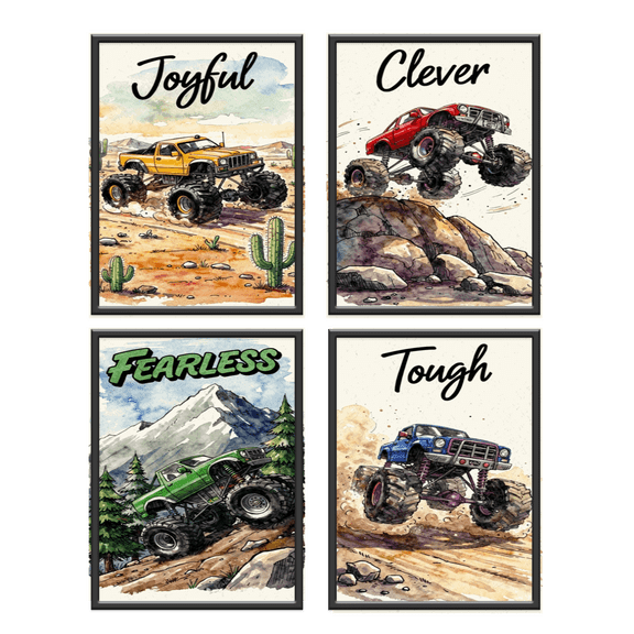 Monster Truck Wall Art Prints 4 Piece Set Positive Motivational Posters for Children Inspirational Truck Canvas Prints for Nursery Kids Room Bedroom Decor 8x10 inches Unframed