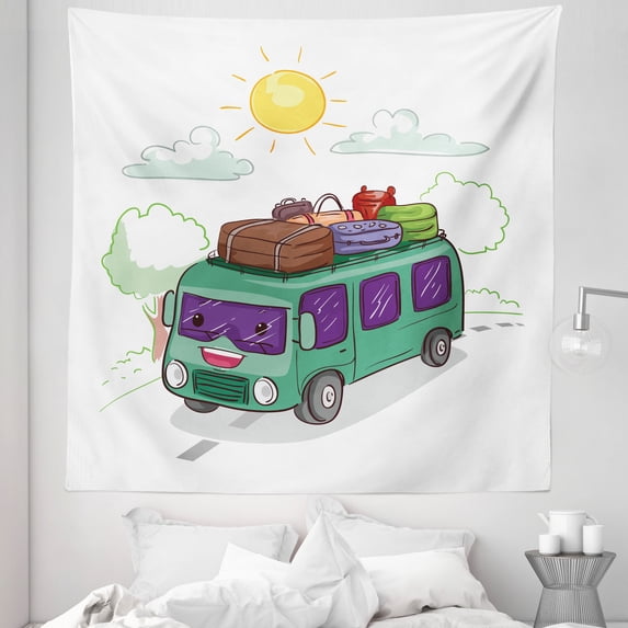 Camper Tapestry, Bus Loaded with Luggage Cruising in the Countryside Hippie Van Outdoor Activity, Fabric Wall Hanging Decor for Bedroom Living Room Dorm, 5 Sizes, Multicolor, by Ambesonne