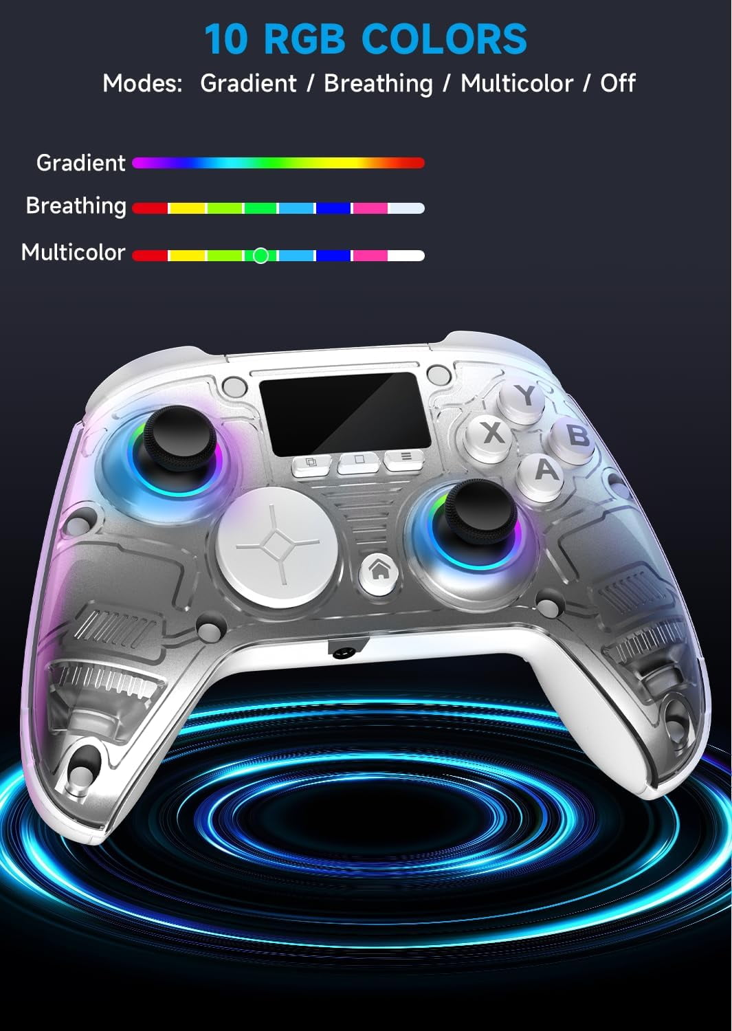 AOC Wireless Gaming Controller for PC, Steam, PS4, iOS, Android, Interactive Screen, Hall Effect Joystick and Triggers, RGB Lighting, Adjustable Vibration/Turbo, White(Not for Xbox, PS5)