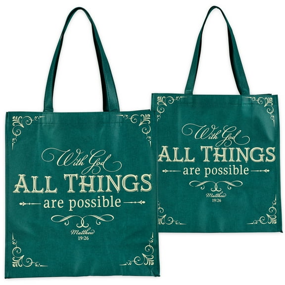 Christian Art Gifts Reusable Fashion Shopping Tote Bag for Women: With God All Things are Possible - Matthew 19:26 Inspirational Bible Verse Durable Handbag for Groceries, Books, Supplies, Green