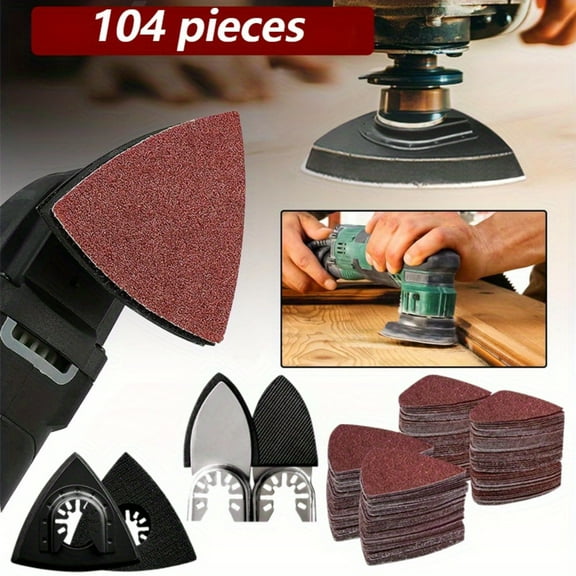 104Pcs Oscillating Tool Sanding Pad Kit, 2Pcs Triangle Sanding Pads and 2Pcs Finger Sanding Pad, 100Pcs Sandpaper, for Wood/Plaster Polish Sanding, & Other Surfaces, Compatible with Multiple Tools  ﻿