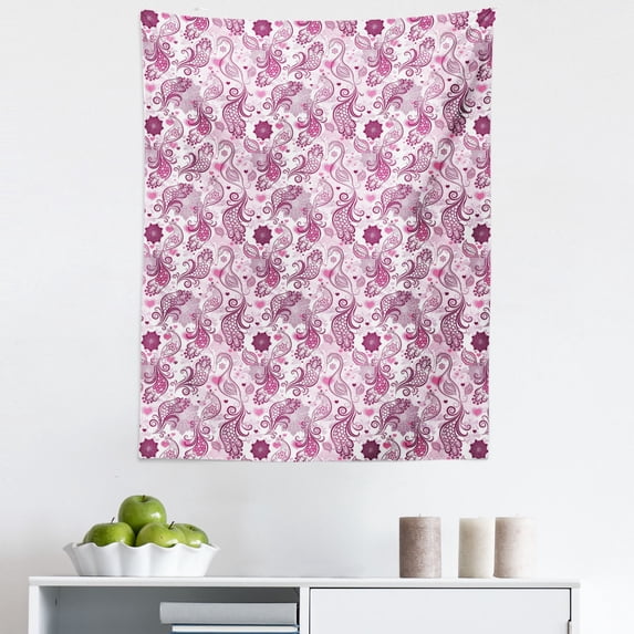 Purple Tapestry, Scales Swirls and Hearts in Romantic Depiction of Nature with Birds and Flowers, Fabric Wall Hanging Decor for Bedroom Living Room Dorm, 5 Sizes, Mauve Plum Pink, by Ambesonne
