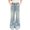 thumbnail image 2 of Spazoro Girls Denim Flare Pants with Pockets, Stretchy Butterfly Print . Loose Fit Elastic Waist Retro Bell Bottom Trousers for Daily Wear Blue Size 4-5T, 2 of 9