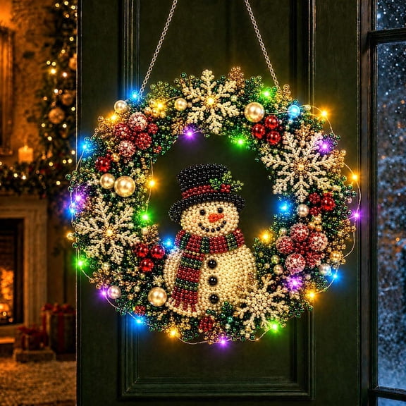 Christmas Diamond Painting Wreath Kit with LED String Lights, Pearl Diamond Art Kit for Adults, DIY Acrylic Christmas Wreath for Door Wall Decor