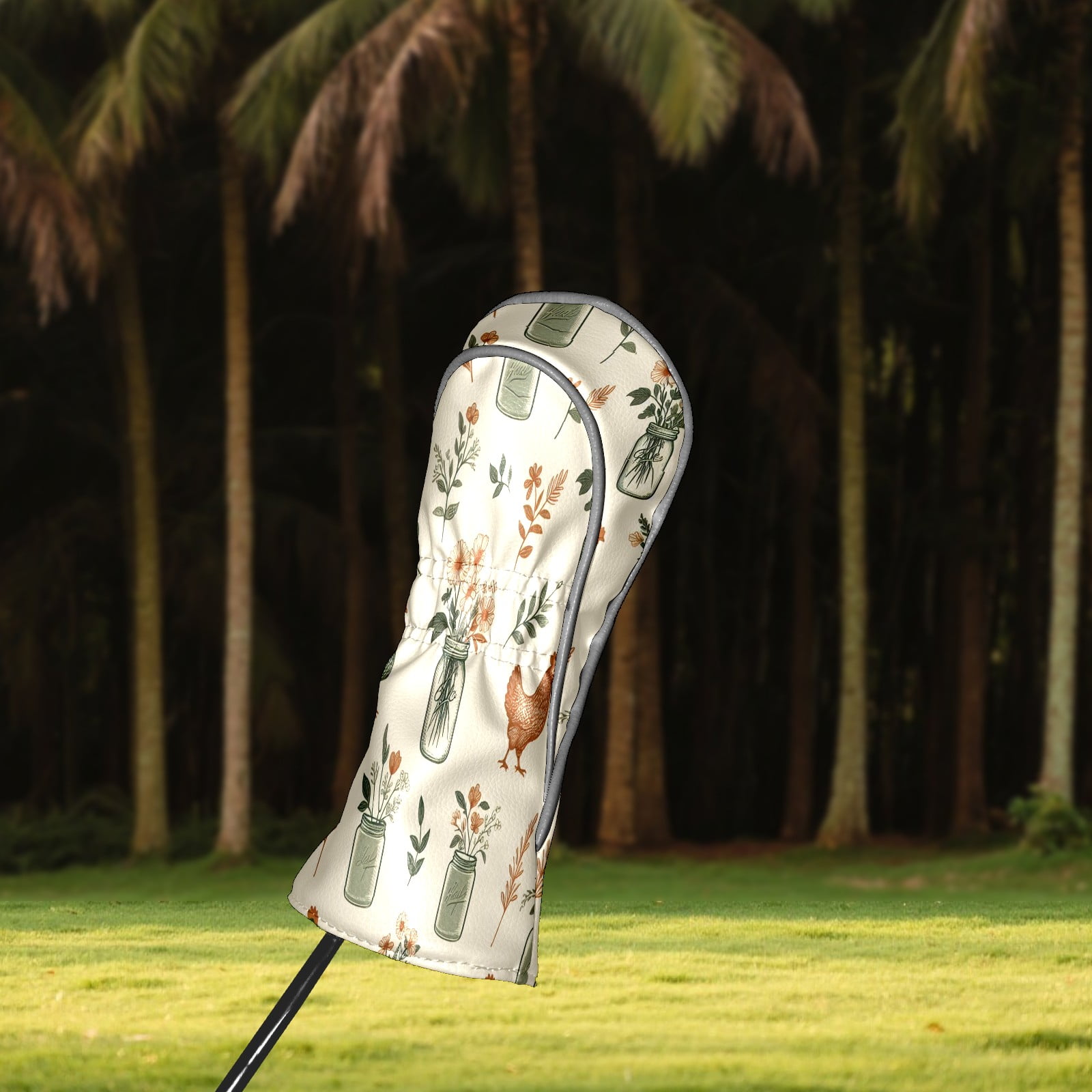 Golf Club Covers, Beige Vase Chicken Floral Premium PU Leather Driver Hybrid Putter Head Covers with Velvet Lining, Waterproof Golf Gifts for Men Women