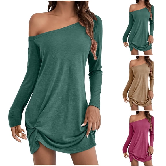 FRSASU Women's Summer off the Shoulder T-Shirt Dresses Twist Hem Long Sleeve Solid Color Party Beach Dress Khaki