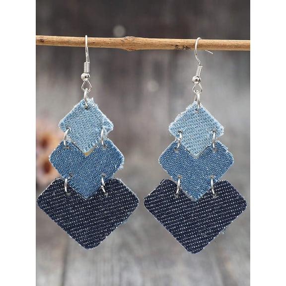 Denim Blue Patchwork Leaf Dangle Earrings With Silver-Tone Hooks