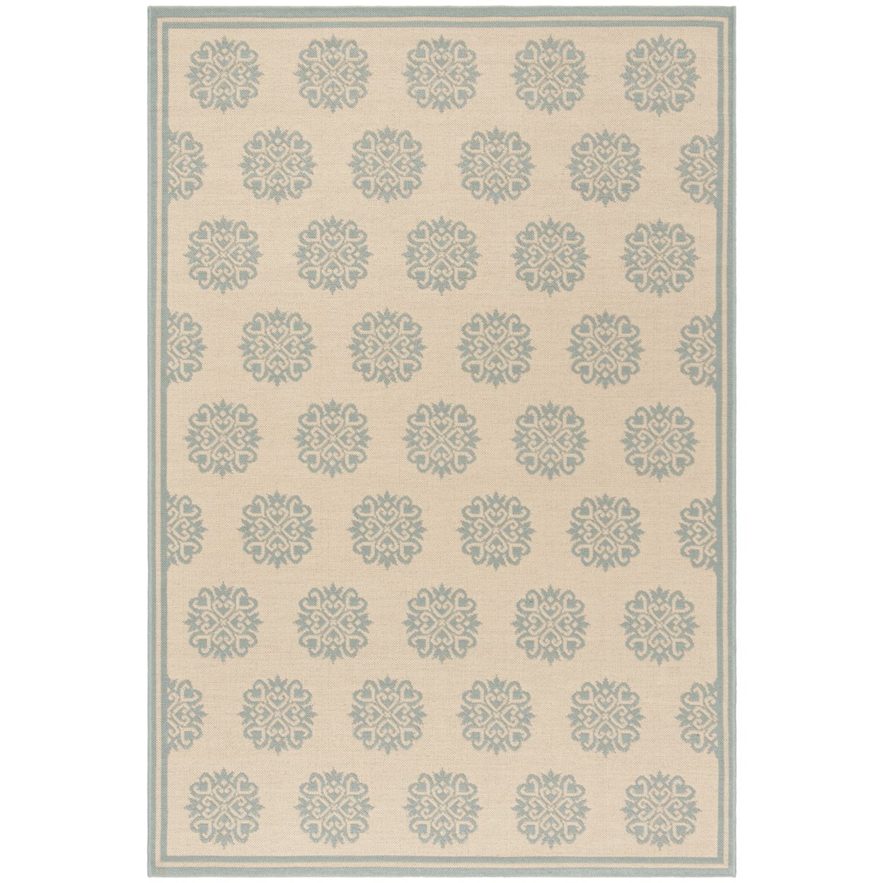 SAFAVIEH Beach House Callahan Geometric Indoor/Outdoor Area Rug Cream/Aqua, 5'3" x 7'6" - Traditional Design, Cream & Aqua, Weather Resistant, Non-Shedding & Easy Cleaning, Ideal for Patio, Entryway,