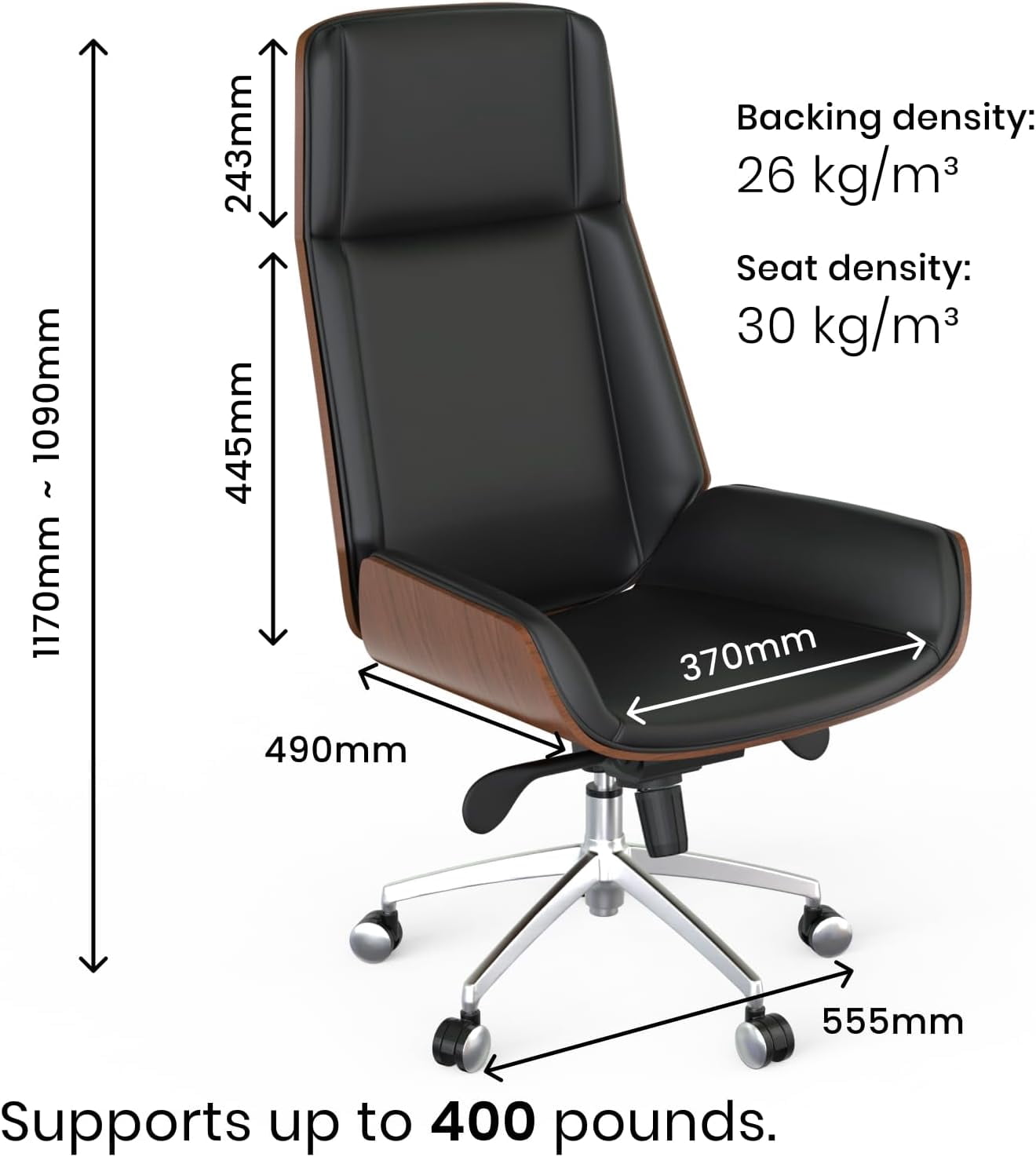 FOH Adult Wood High Back Indoor Commercial Swivel Executive Desk Chair, Black