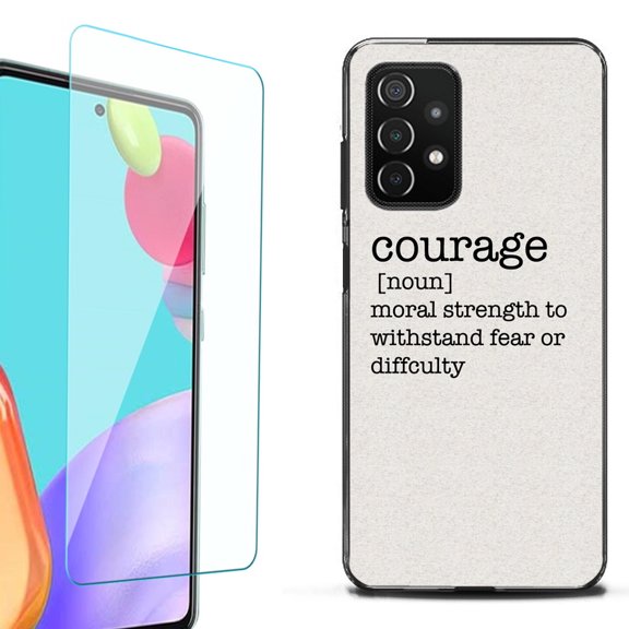 Slim-Fit Flexible TPU Gel Phone Case (black) for Samsung Galaxy A52 5G, with Tempered Glass Screen Protector, by OneToughShield ® - Dictionary/Courage