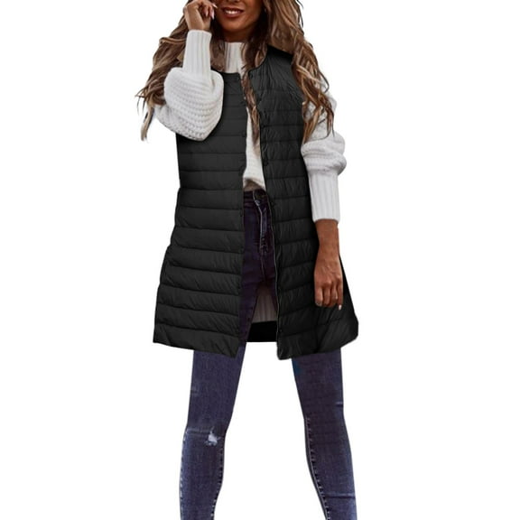 ZHOUCHANKIDS Long Puffer Vest Women Quilted Down Jackets Sleeveless Puffy Vest Zip Up Winter Coats Fall Outerwear Black XS