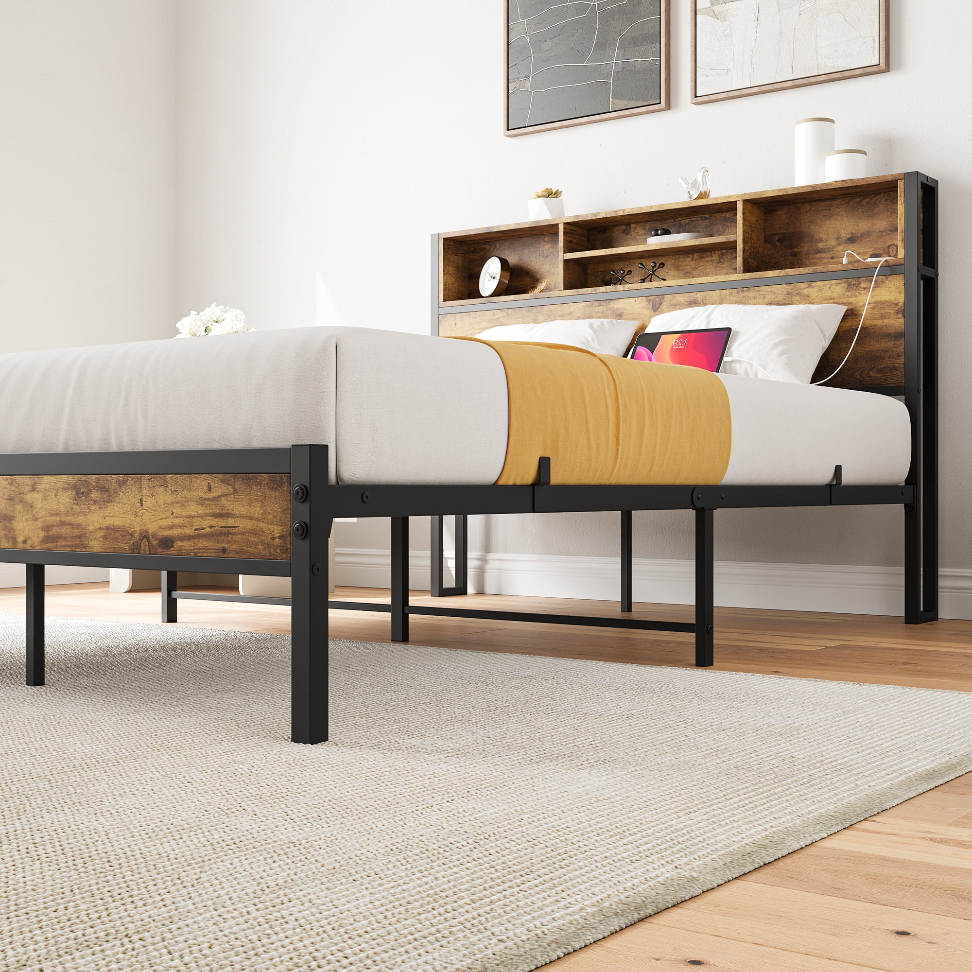 MAYEERTY Black Full-Size Metal Platform Bed: Storage Headboard, Charging Station & Bookcase Storage​