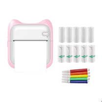 Mini Printer Sticker Maker, Portable Thermal Printer, Inkless with 10 Roll Paper and 5 Color Pens