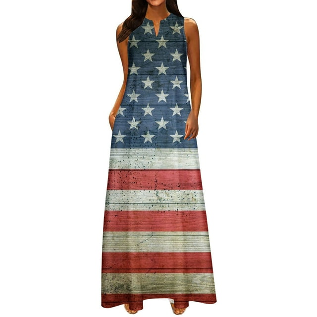 Robe Mode Femme Décontractée Col en V Jour de l'Indépendance Robes Imprimées Été Sans Manches Robe Chandail Robe de Boîte de Nuit en Liquidation