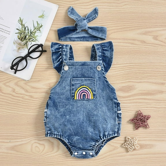 EQWLJWE Infant Girls Sleeveless Jumpsuit Denim Rainbow Print Romper Headband 2pcs Set Girls' Harness Holiday Clearance