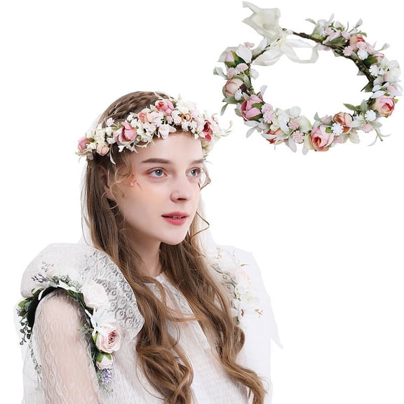Pink Fairy Floral Crown Even Headband, Bohemian Hairband Flower Headpiece Woodland Forest Elf Circlet for Women Girls Renaissance Wedding Bridal, Garland with Ribbon Prom Photo Props