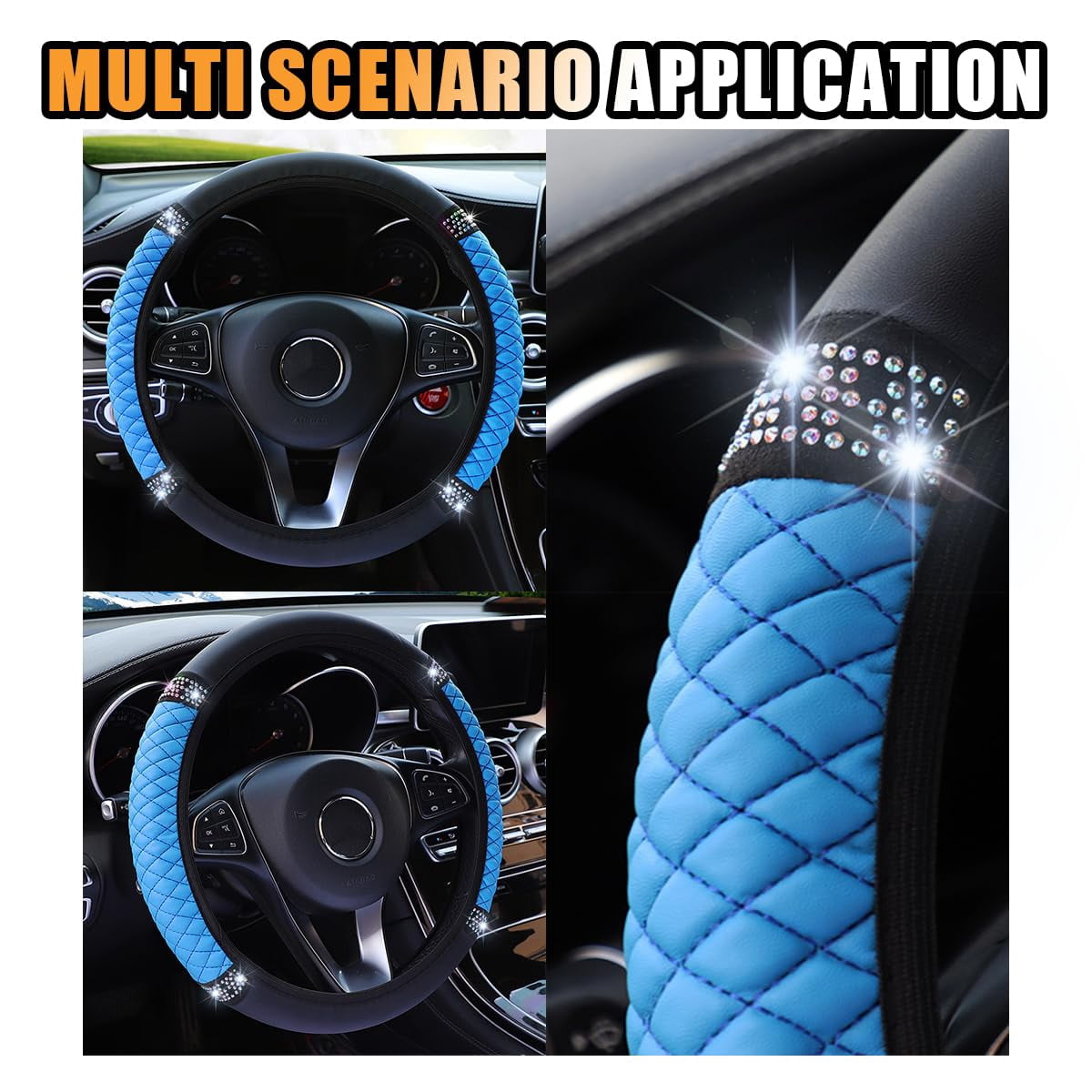 Bling Soft Leather Steering Wheel Cover, 15 Inch Colorful Rhinestones Auto Elastic Protector with Crystal Diamond for Women Girls, Car Accessories for Most Cars, SUVs (Pink)