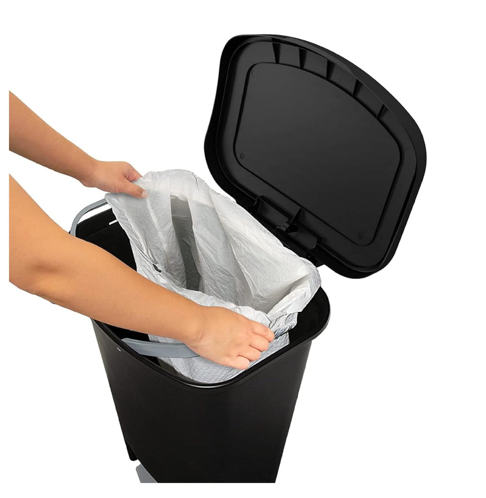 3 Pack 13 Gal Trash Can | Plastic Kitchen Waste Bin with Odor Protection of Lid | Hands Free with Step On Foot Pedal and Garbage Bag Rings, Black