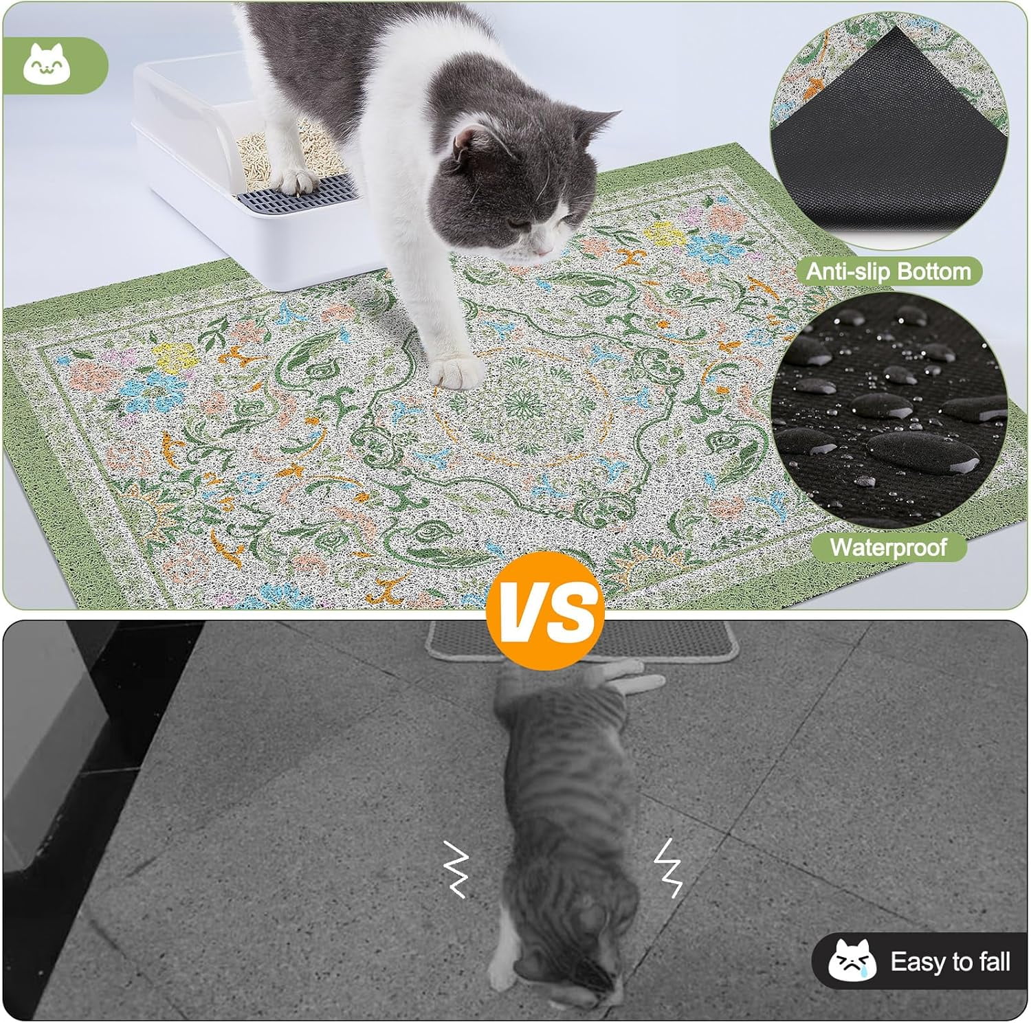 Cat Litter Mat with Non-Slip Bottom Litter Box Mat 33"X22" Litter Trapping Mat Easy to Clean Washable Cat Food Mat for Kitty,L