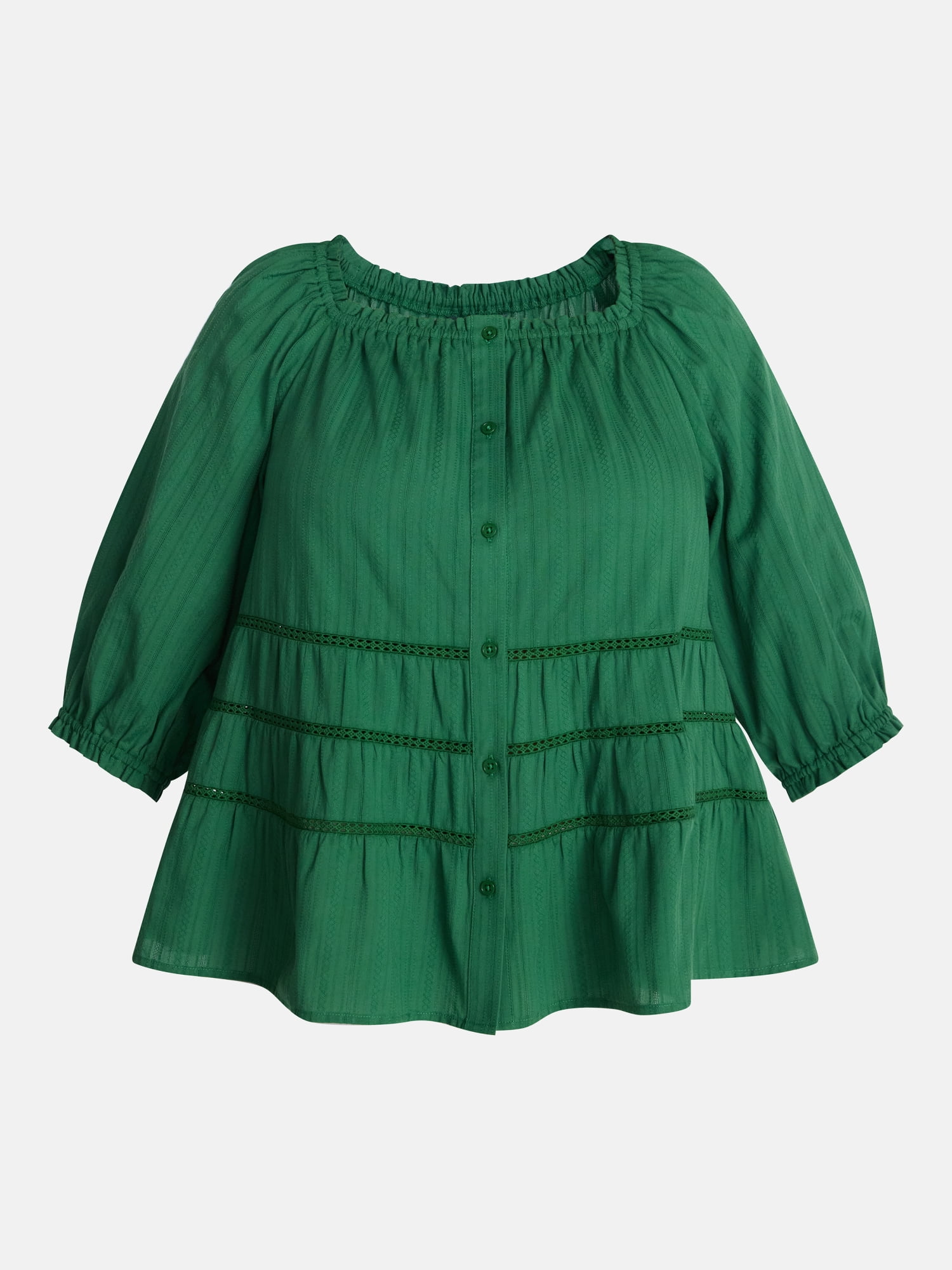 Terra & Sky Women's Plus Eyelet Trim Swing Top with Elbow Length Sleeves, Sizes 0X-5X