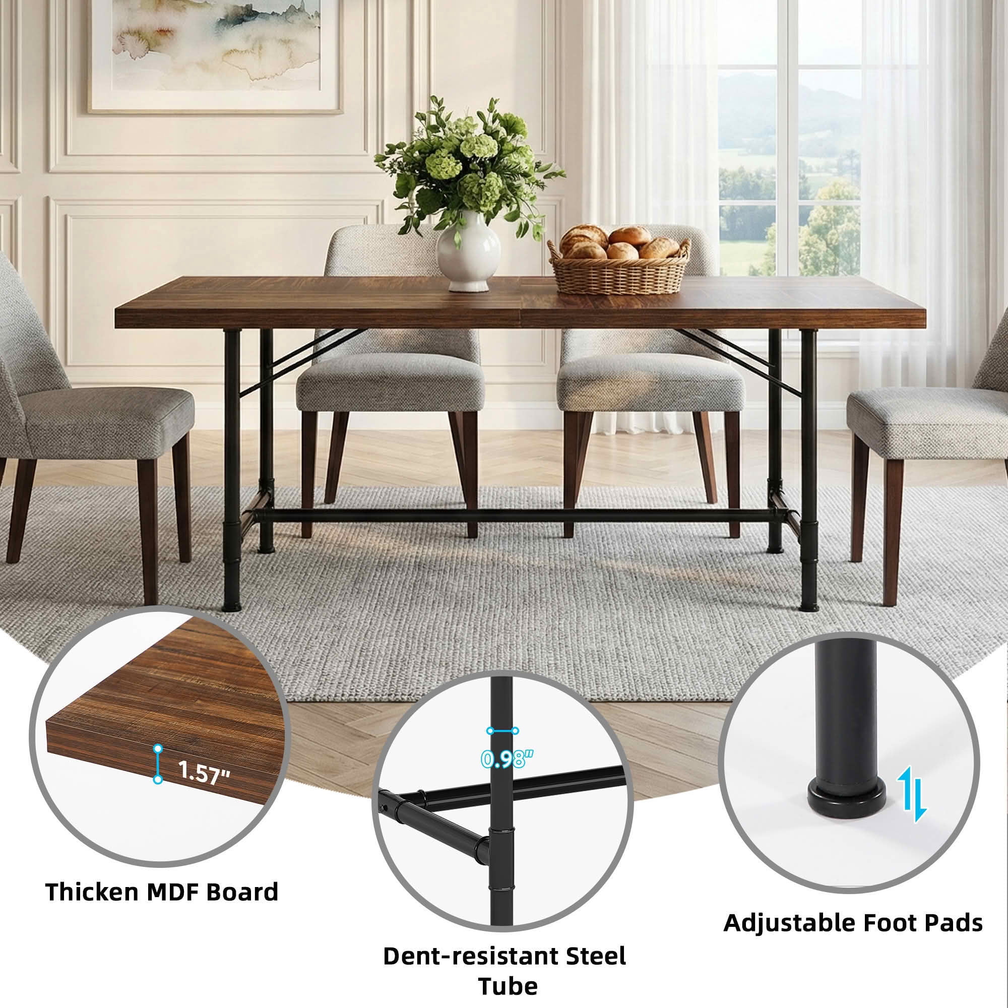 MAYEERTY 71" Industrial Rustic Dining Table, 6-8 Seater Thick MDF Top & Black Metal Frame Multiuse Kitchen Conference Table