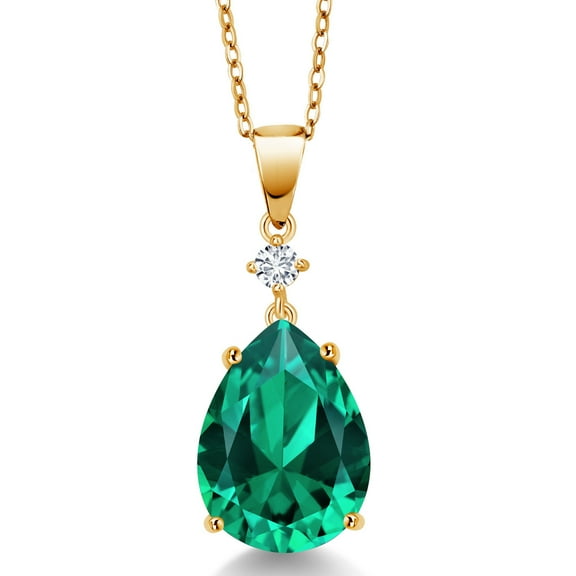 Gem Stone King 18K Yellow Gold Plated Silver Green Nano Emerald and White Lab Grown Diamond Pendant Necklace for Women (8.35 Cttw, Pear Shape 16X12MM, Gemstone Birthstone, with 18 inch Chain)