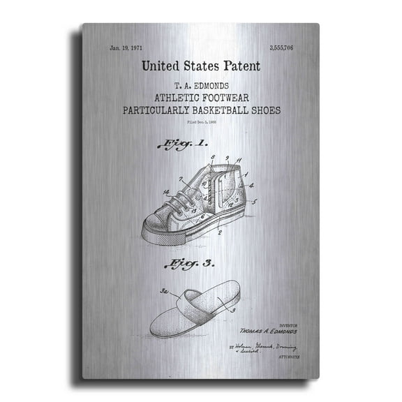 Luxe Metal Art 'Basketball Shoes Blueprint Patent White' Metal Wall Art, 16"x24"