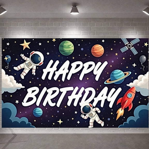 Astronaut Design Happy Birthday Banner Galaxy Theme Space Party Display Rocket Planet Pattern Astronaut Backdrop for Kids Birthday Party Space Theme Celebration Photo Backdrop