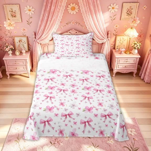 Meiyoeat Cherry Blossom Bow Twin Sheet Sets for Women Girls, Cartoon Watercolor Pink Floral Bedding, 3pcs
