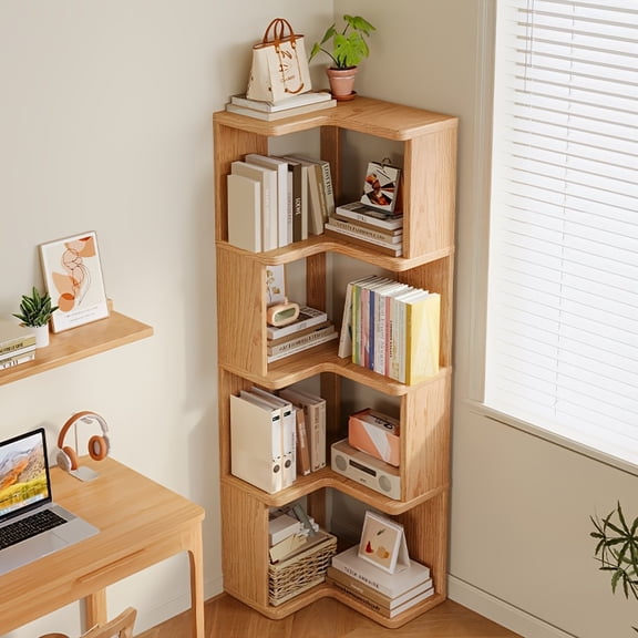 Solid Wood Bookshelf, Corner Bookcase, Zero Formaldehyde, Space Saving