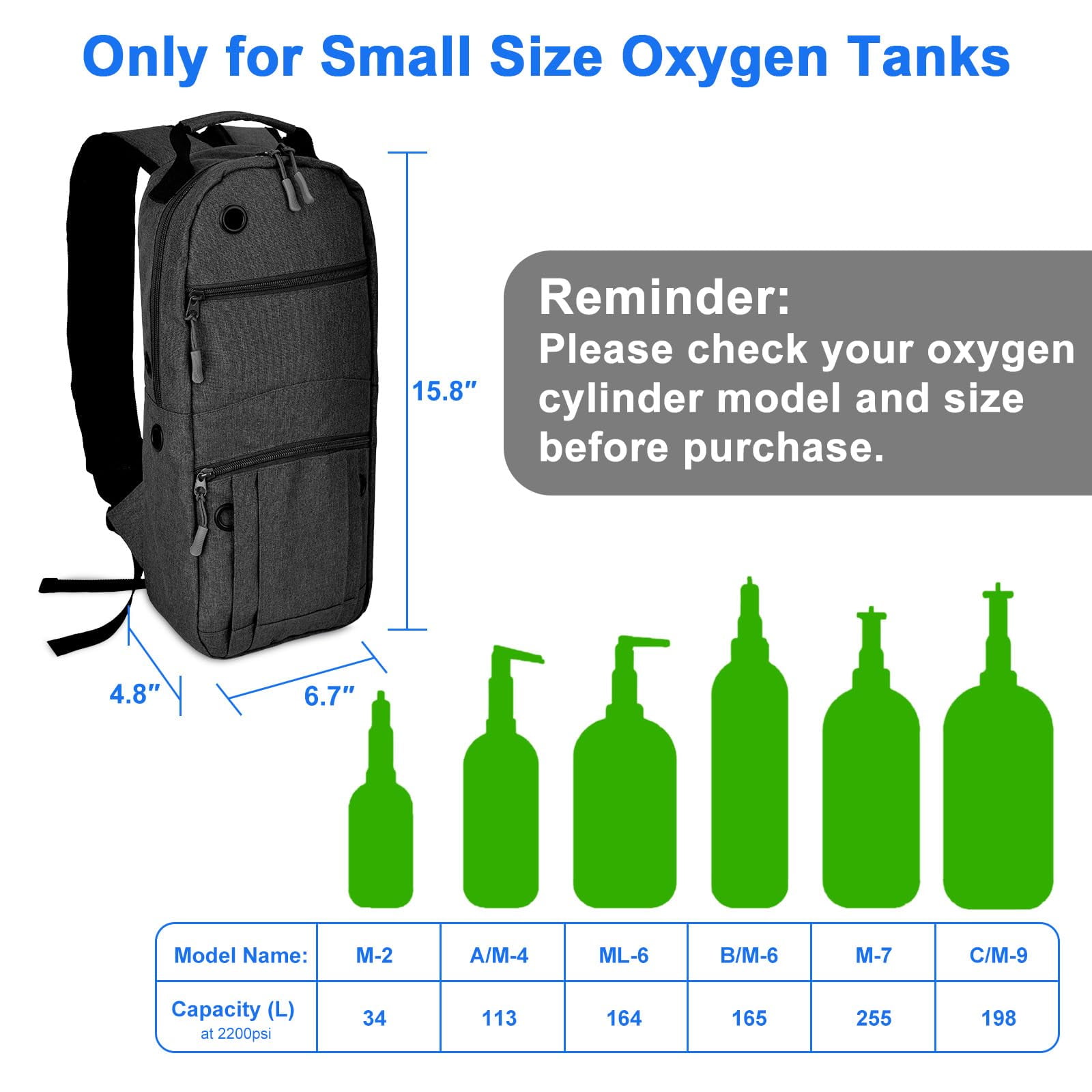 Portable Oxygen Tank Backpack for Small Size M2, A/M4, ML6, B/M6, M7, C/M9 Cylinders