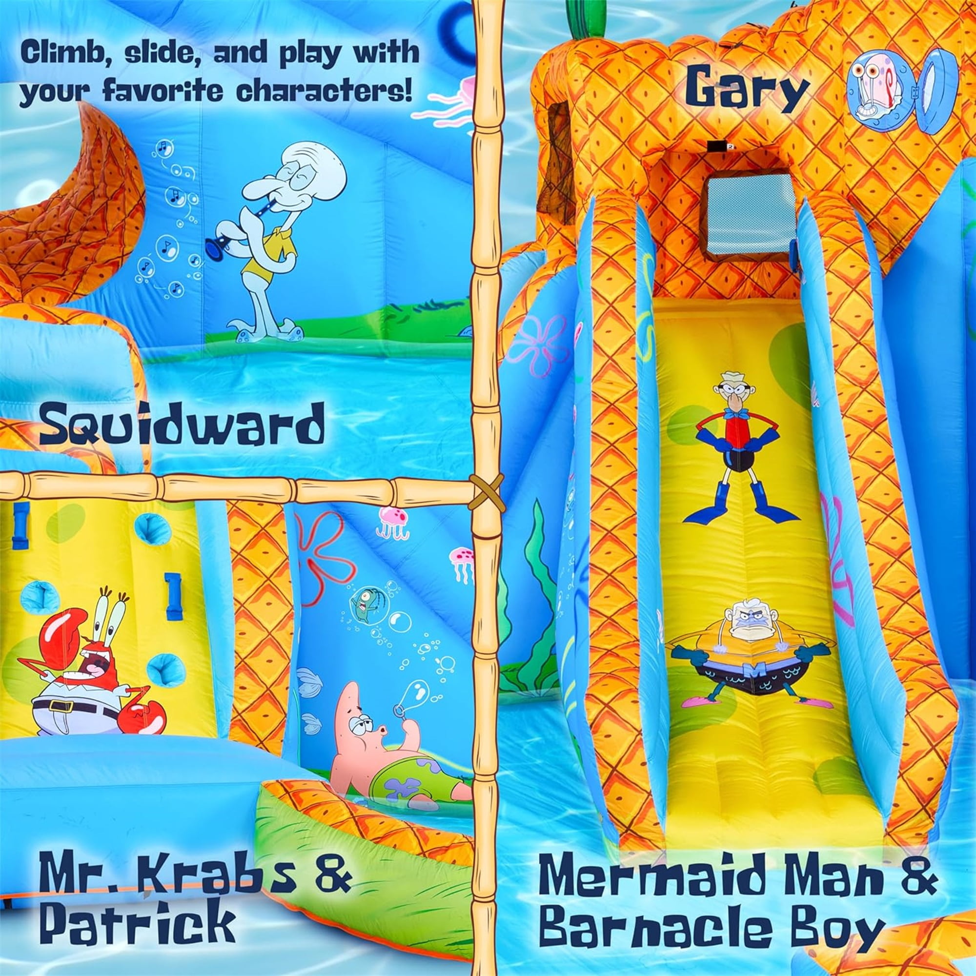 Sunny & Fun Fun SpongeBob Inflatable Water Slide with Climbing Wall, Dual Slides & Splash Pool