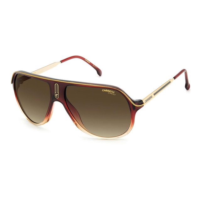 lentes de sol carrera hombre mujer safari65/n tinto vino 62, vista 3/4 frontal de montura acetato tinto vino extra grande rectangular con barra superior metálica dorada; lentes polarizadas degradadas marrón; logo 'C' en el frente y 'Carrera' en las varillas; ancho lente 62 mm, alto 51.7 mm, puente 15 mm, varillas 135 mm; opción de estilo deportivo para viajes y uso diario.