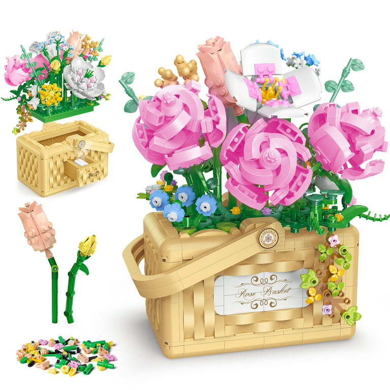 1277 Pcs Flower Bouquet Building Kit Bonsai Rose Flower Basket