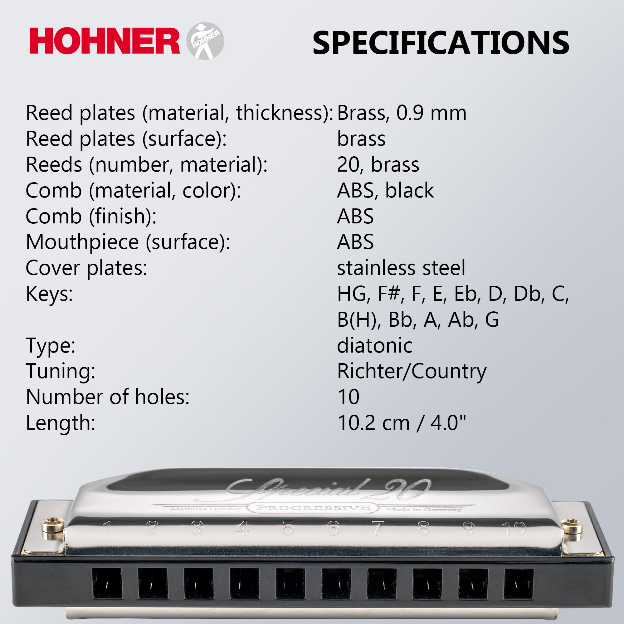 Hohner Special 20 Harmonica - Key of C Bundle with Zip Case, Instructional Manual, and Austin Bazaar Polishing Cloth