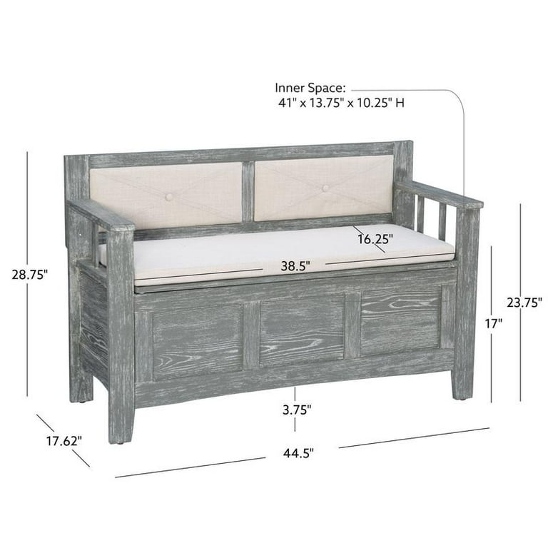 Linon 44.5” Ogdon Weathered Gray Solid Wood and Beige Upholstered Padded  Storage Bench 