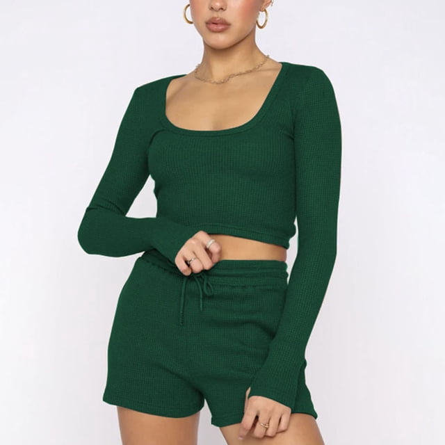 Wolfast Hauts d'Été à Manches Longues pour Femmes Mode Femmes Décontracté Hauts à Manches Longues Col Rond Ensembles de Shorts Décontractés