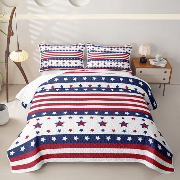 Manfei Stars Striped Twin Quilt Set,Red Navy Twin Coverlet Set,2pcs