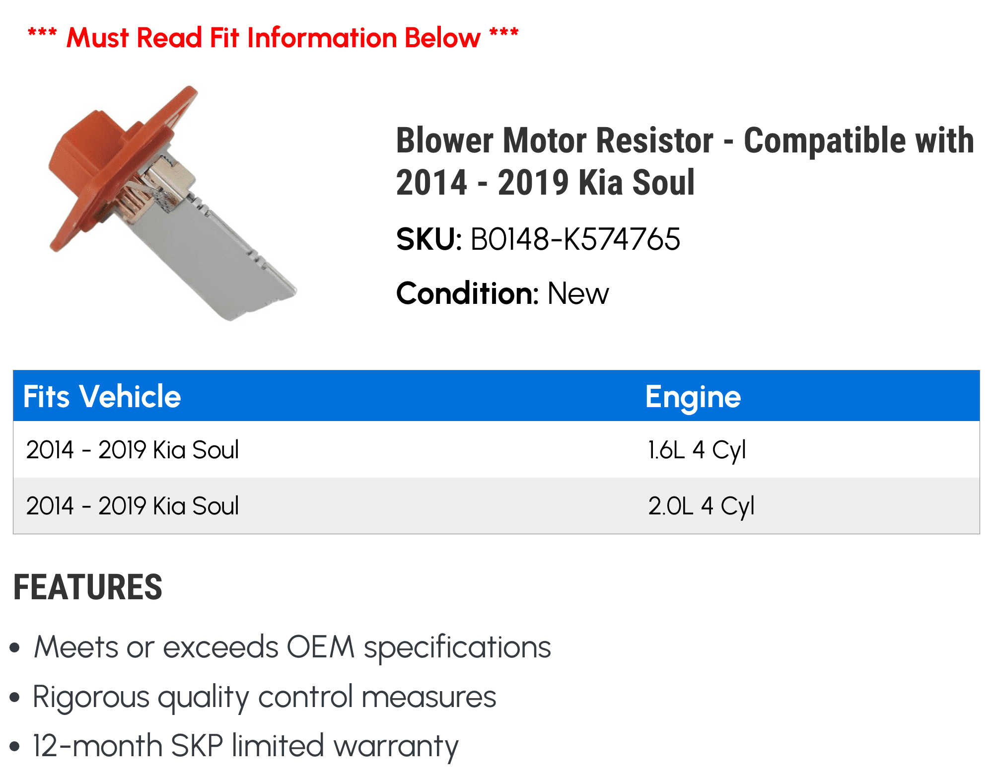Blower Motor Resistor - Compatible with 2014 - 2019 Kia Soul 2015 2016 2017 2018