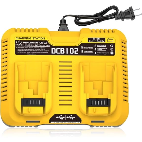 DCB102 20V Dual Port Fast Charger for Dewalt, Replacement Charger Compatible with Dewalt 12V-20V Batteries, with USB & Type-C Charging Port