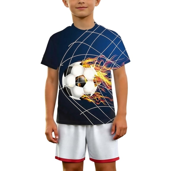 WUXIAN Kids Teens Boys Summer Shirts Football Print Short Sleeve Round Neck Stylish Funny Graphic Top For Youth Comfort Lightweight Summer Trendy Outddor Soccer Ball Pattern Tee,Dark Blue,9-10 Years