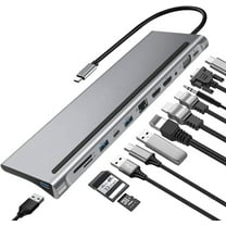 USB Hub, 12-in-1 USB C Hub Notebook Docking Station, Type-C to Dual HDMI Compatible/VGA/USB 3.0 Hub/PD/RJ/Micro-SD/TF, Compatible with PC, Mac, Printer