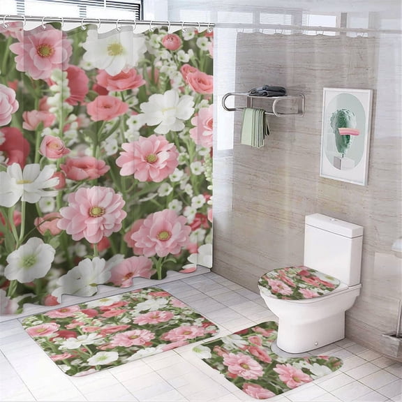 Floral Colorful Flower 4 Piece Shower Curtain Sets, Non-Slip Rugs, Toilet Lid Cover And Bath Mat, for Bathroom Decor Set, 72" X 72"