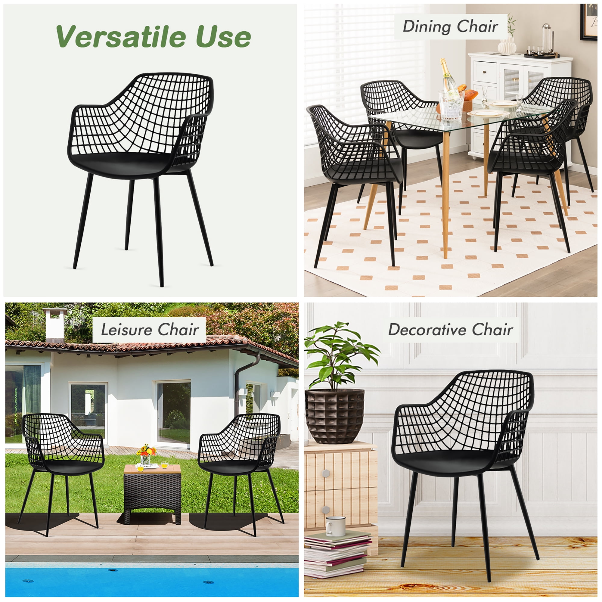 Costway Modern Dining Chair Set of 4 Plastic Shell Hollow withMetal Legs for Living Room Black