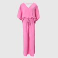 thumbnail image 2 of ZEHJUHAN Women's Solid Color 2-Piece Outfit - V-Neck Short Sleeve Top & Drawstring Wide Leg Pants Set Pink，M, 2 of 3