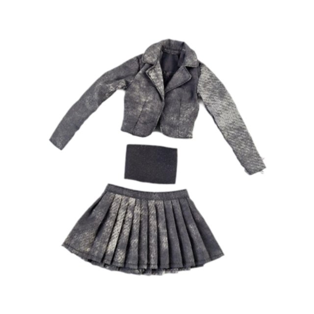 Conjunto de chaqueta corta, falda plisada y top de tubo a escala 1/6, accesorios suaves y portátiles. Gris negro