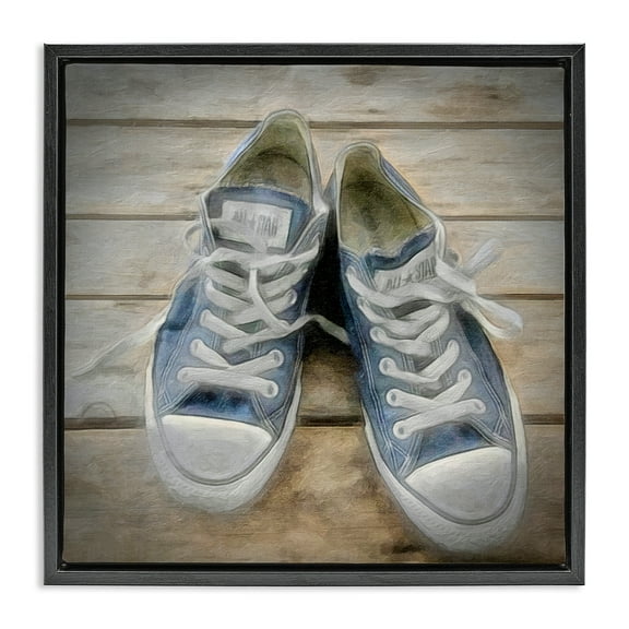 Stupell Industries Denim Blue Classic Sneakers Fashion Painting Black Floater Framed Canvas Art Print Wall Art, 18 x 18