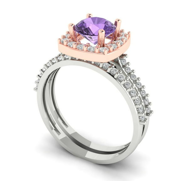 Clara Pucci 14K White/Rose Gold Round Cut 1Ct Simulated Alexandrite Engagement Ring   Matching Band - Luxury Box Included